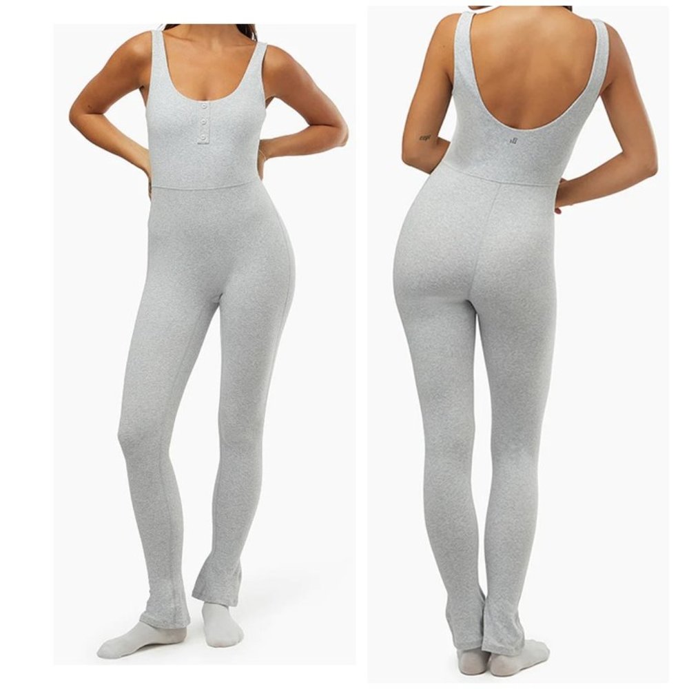 WeWoreWhat Grey Henley Flare Jumpsuit Size Large NWT